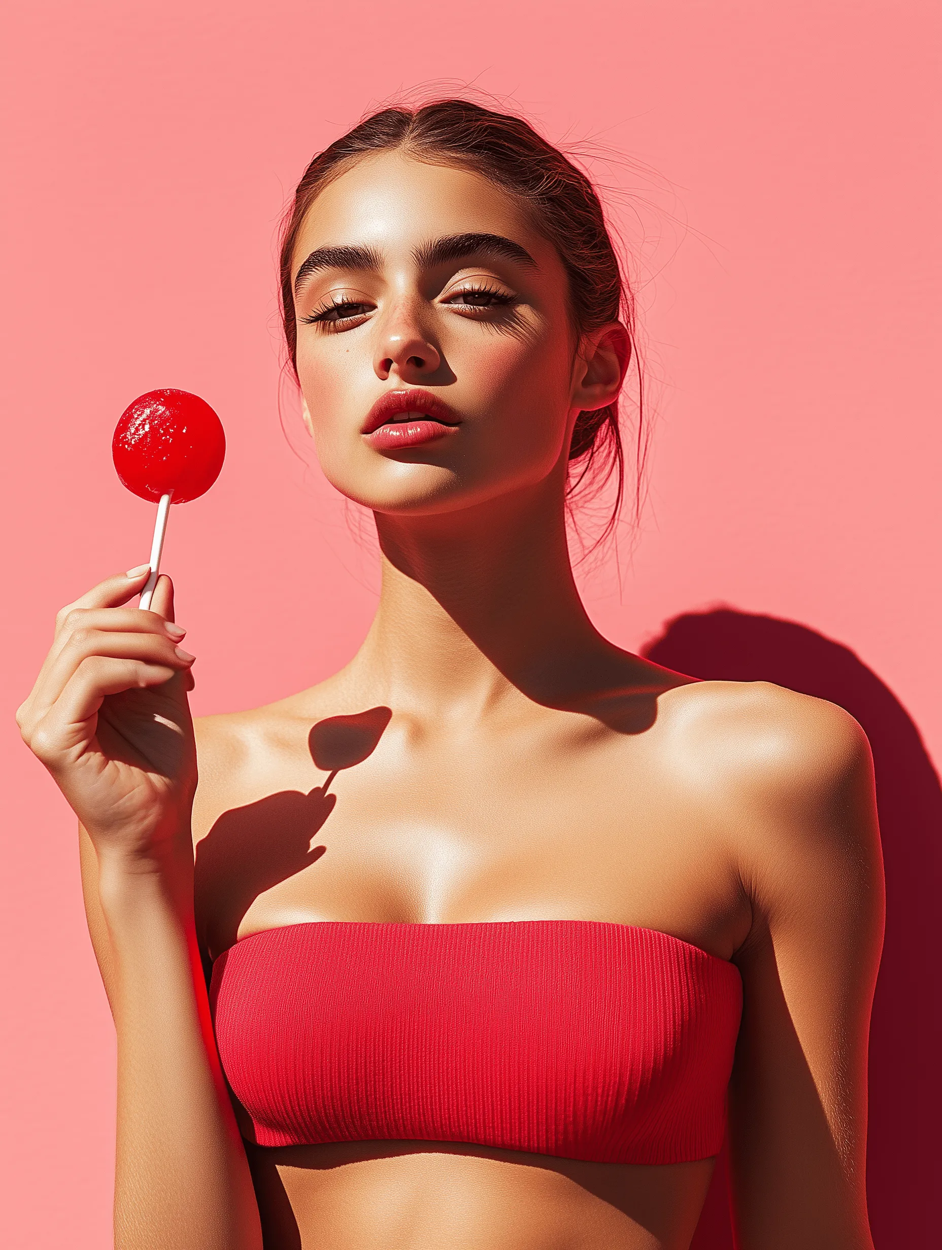 A woman in a red bikini holding a lollipop.