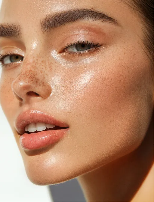 A close up of a woman with freckles on her face.