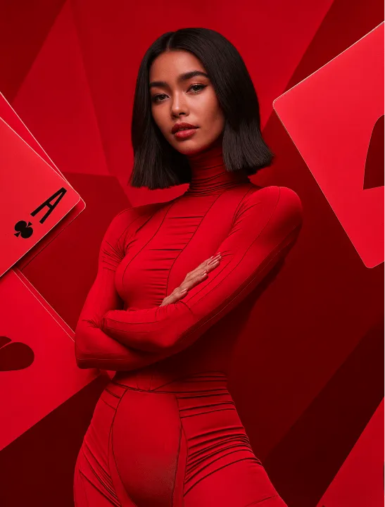 A woman in a red bodysuit standing in front of a red background.